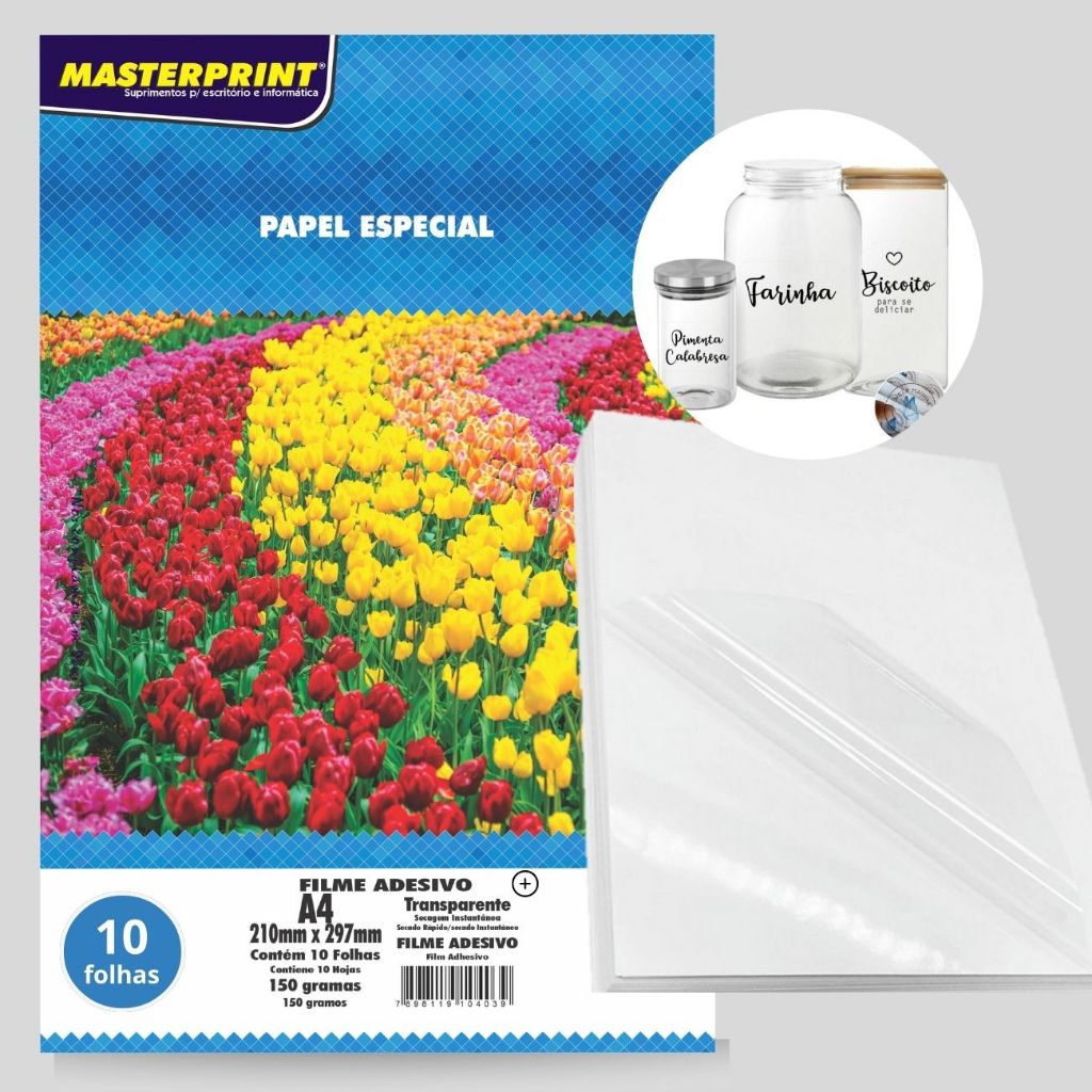 Papel Filme Adesivo Vinil 100% Transparente A4 150g 10 folhas para Impressora Jato de Tinta Epson HP
