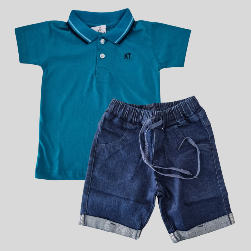 Conjunto Camiseta Polo Infantil Com Shorts Jeans Elástico