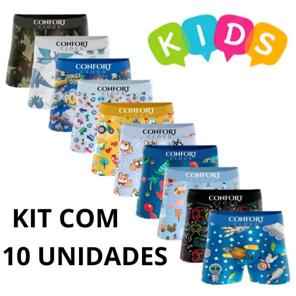 Kit 10 Cuecas box Infantil Microfibra Cueca Boxer para Crianças