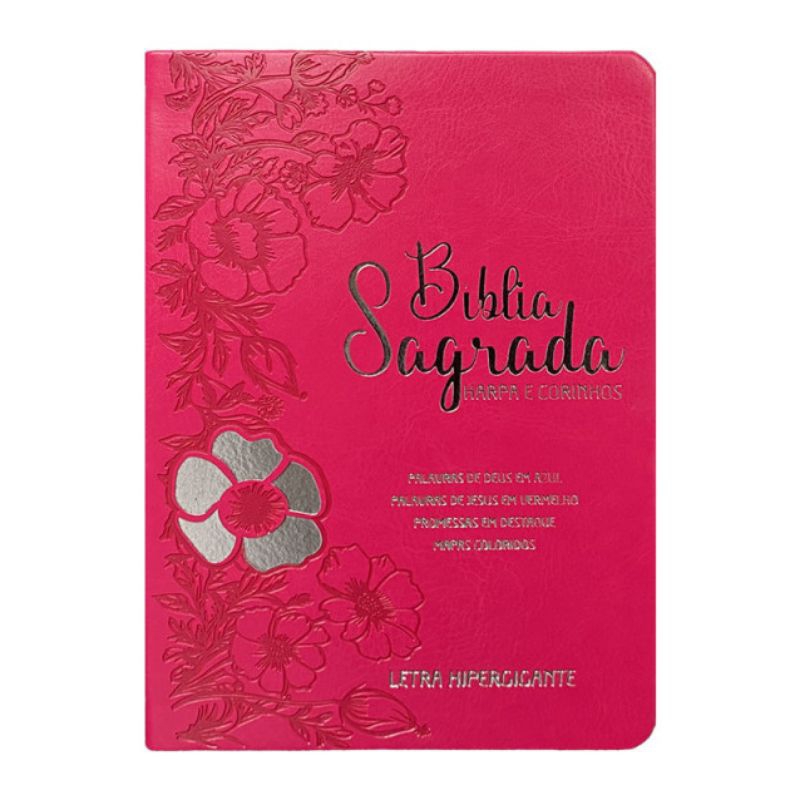Bíblia com harpa floral Dália Pink - letra hipergigante