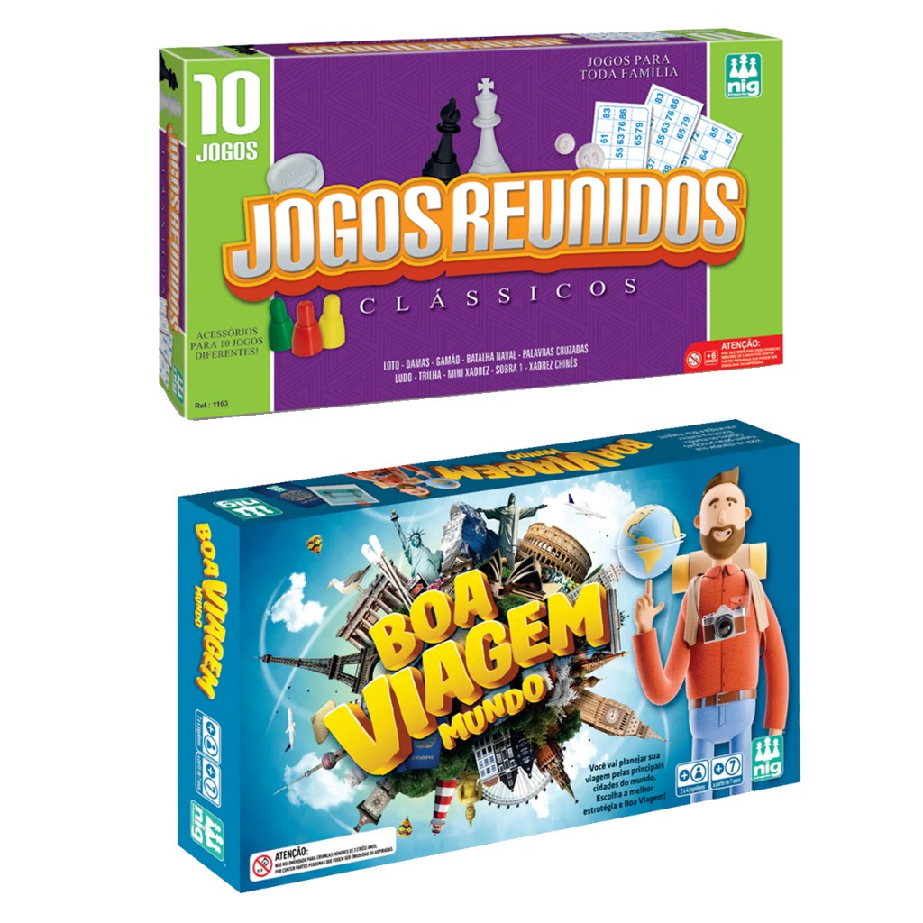 Kit com 10 Jogos Reunidos Dama Trilha Xadrez Ludo Bingo Resta 1 Batalha Naval + Boa Viagem Mundo - NIG