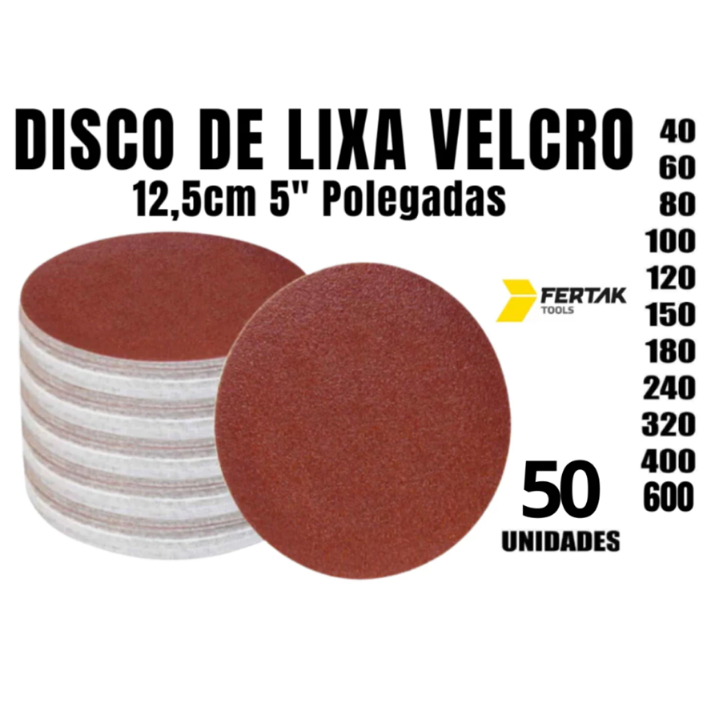 Kit 50 Disco Lixa Velcro 125mm Sem Furos Lixadeira Roto Orbital para Ferro Metal Madeira e Massa