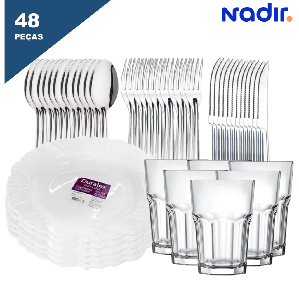Jogo de Pratos 6 Peças e Jogo de Copos 6 Peças Nadir + Jogo de Talheres Inox 36 Peças