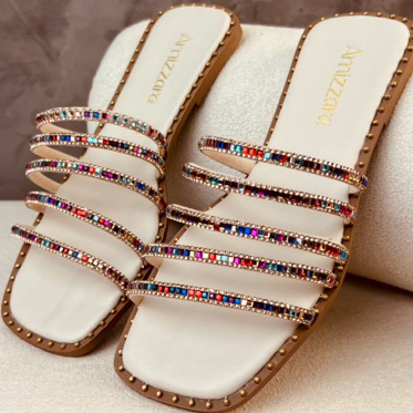 Sandália Rasteirinha Feminina Tira de Strass Colorido Elegante Confortável Lançamento Amizzara