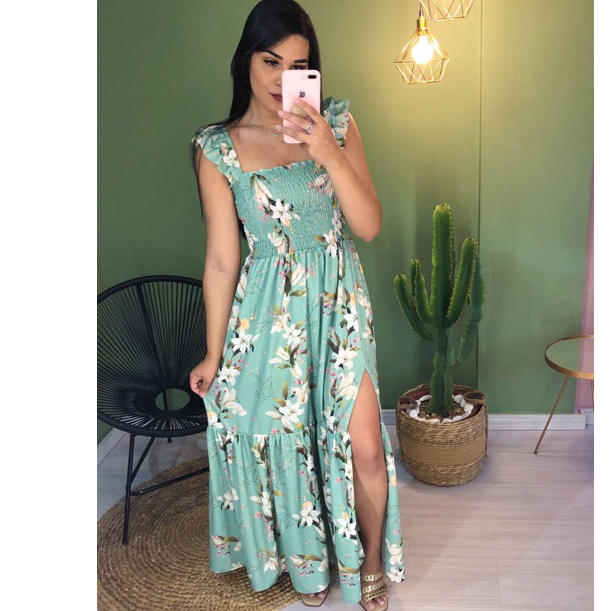 Vestido Lastex babado longo floral alcinha borboleta fenda em Oferta na Shopee