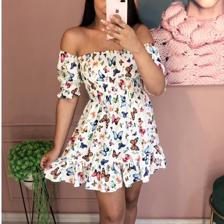 Vestido ciganinha curto lastex ombro a ombro flora babado em Oferta na Shopee