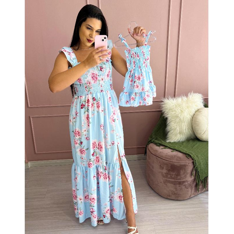 kit vestido mae e filha longo estampado floral delicado lastex em Oferta na Shopee