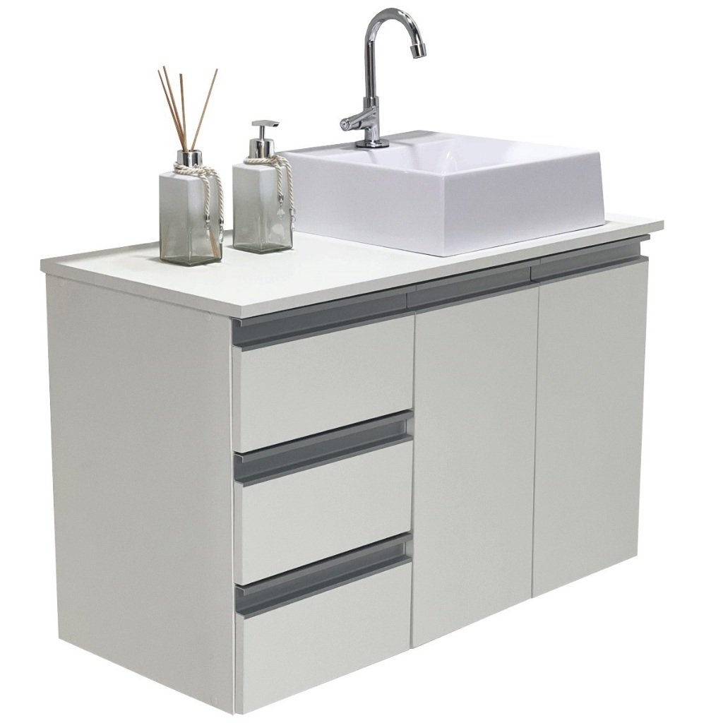 Gabinete 80cm Balcão Banheiro Parma Com Tampo E Cuba - 100% MDF - Gavetas na Esquerda - MO...