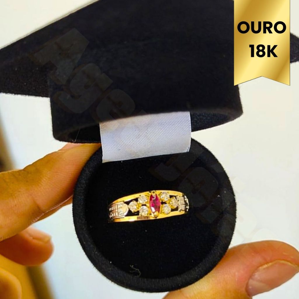 Anel Formatura Direito Ouro 18k Feminino Formatura Pedra Vermelha