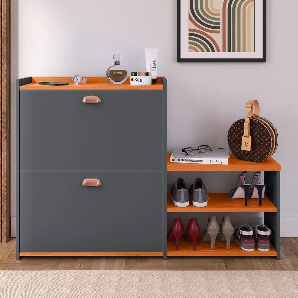 Sapateira Hall Entrada 2 Gaveta Puxador Banquinho Prateleira Porta Sapatos Sala Quarto Milano Cinza