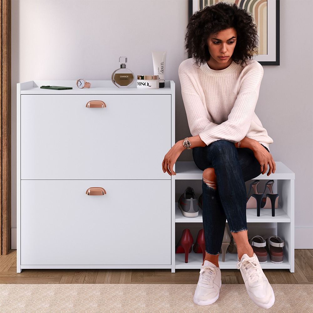 Sapateira MILANO Banquinho 21 Pares Sapato Organizadora Prateleira Gaveta Basculante Branco