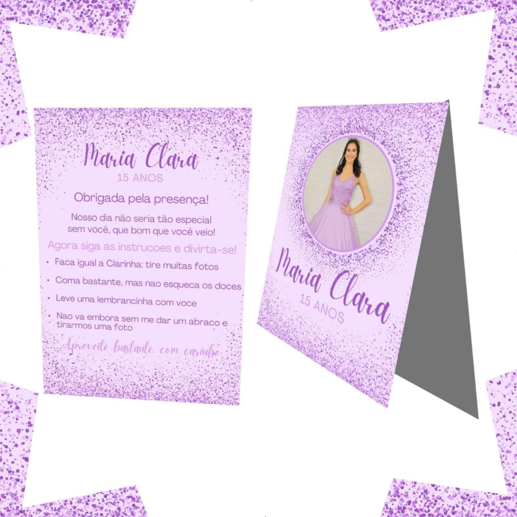 Plaquinha de agradecimento centro de mesa /cartao de agradecimento de mesa 15 ANOS/FESTA GALA LILAS COM FOTO