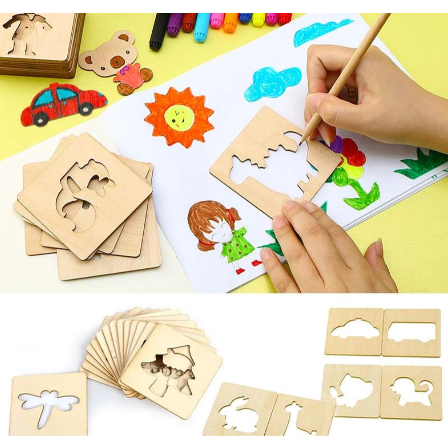 Kit 20 Moldes ➕ Caixa Organizadora de stencil para Crianças – Brinquedo Educativo Reutilizável, DIY, Arte