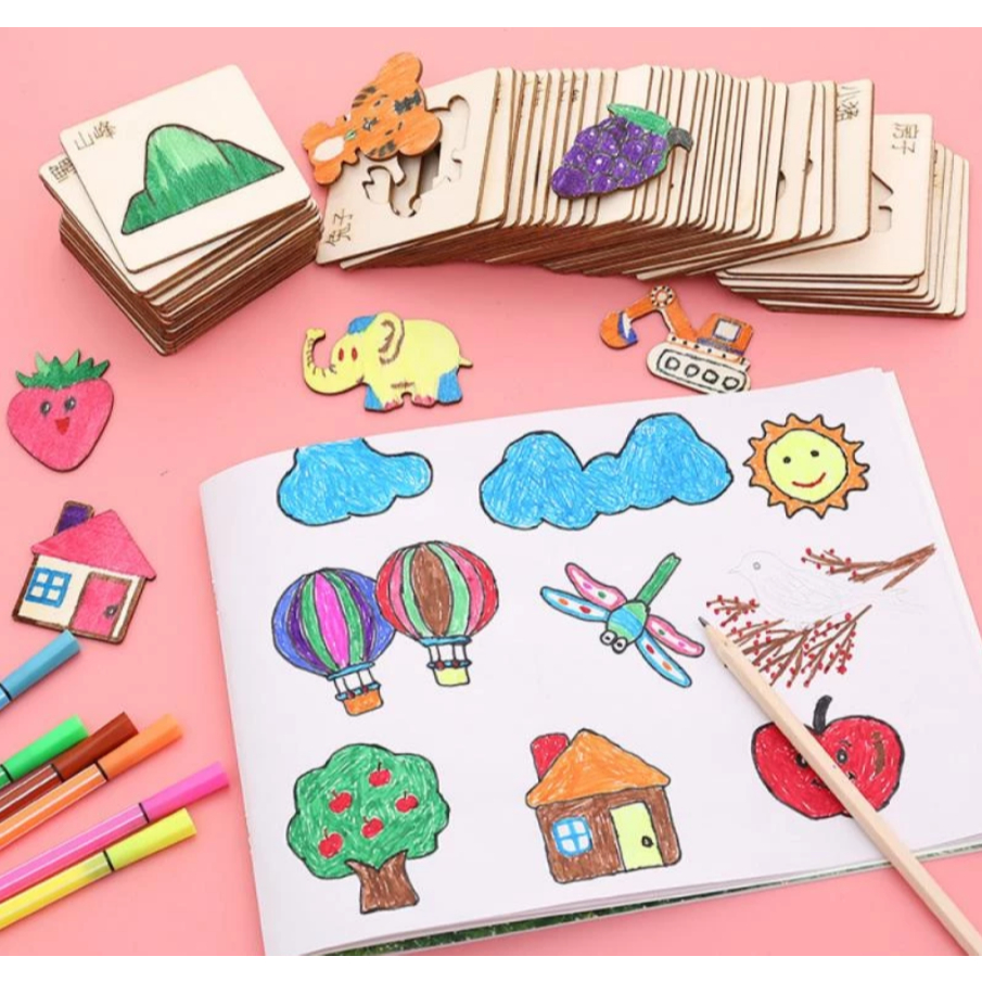 Kit 20 Moldes ➕ Caixa Organizadora de stencil para Crianças – Brinquedo Educativo Reutilizável, DIY, Arte