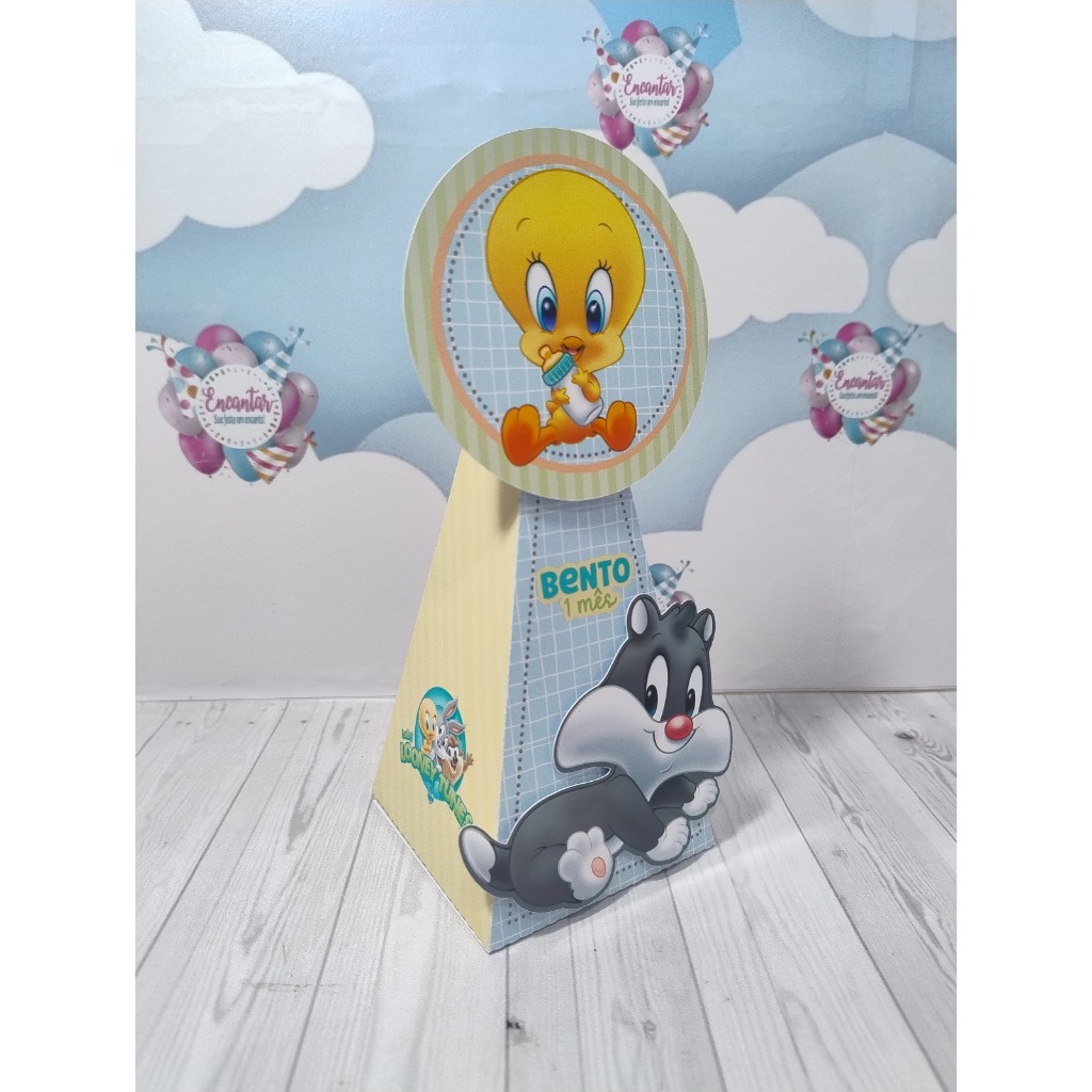 10 Caixas Pirâmides Aplique 3D | Baby Looney Tuness | Papelaria para festa infantil | Lembrancinha Personalizada