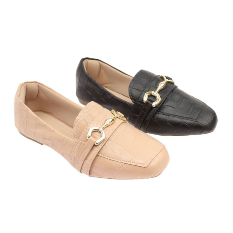 Mocassim Croco Nude e Preto Combo
