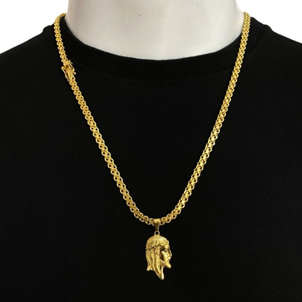 Cordão Cadeado Duplo 7 mm Liga de Moeda Antiga Banhado a Ouro 18k Antialérgico Pingente Jesus Cristo
