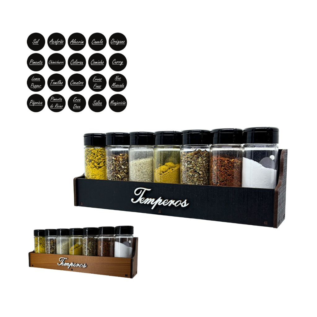 Porta Tempero Condimentos com 7 Potes e Tampa mais Etiquetas. em Oferta na Shopee