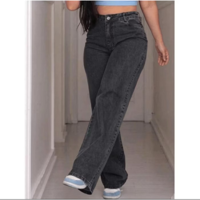 ￼Calça Jeans Feminina Wide Leg pantalona Cintura Alta Tecido grafite