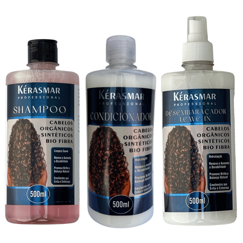 Kérasmar Shampoo, Condicionador e Desembaraçador Anti Frizz Leave-in para Cabelo Orgânico, Sintético, Bio Fibra 500ml