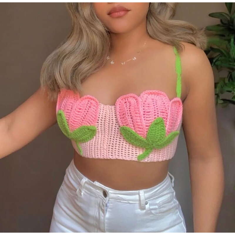 Top cropped de crochê Tulipa , em linha ou lã