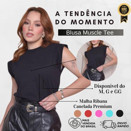 Blusa Feminina Muscle tee Lisa Ribana Canelada Algodão Gola Redonda Básica Social Elegante