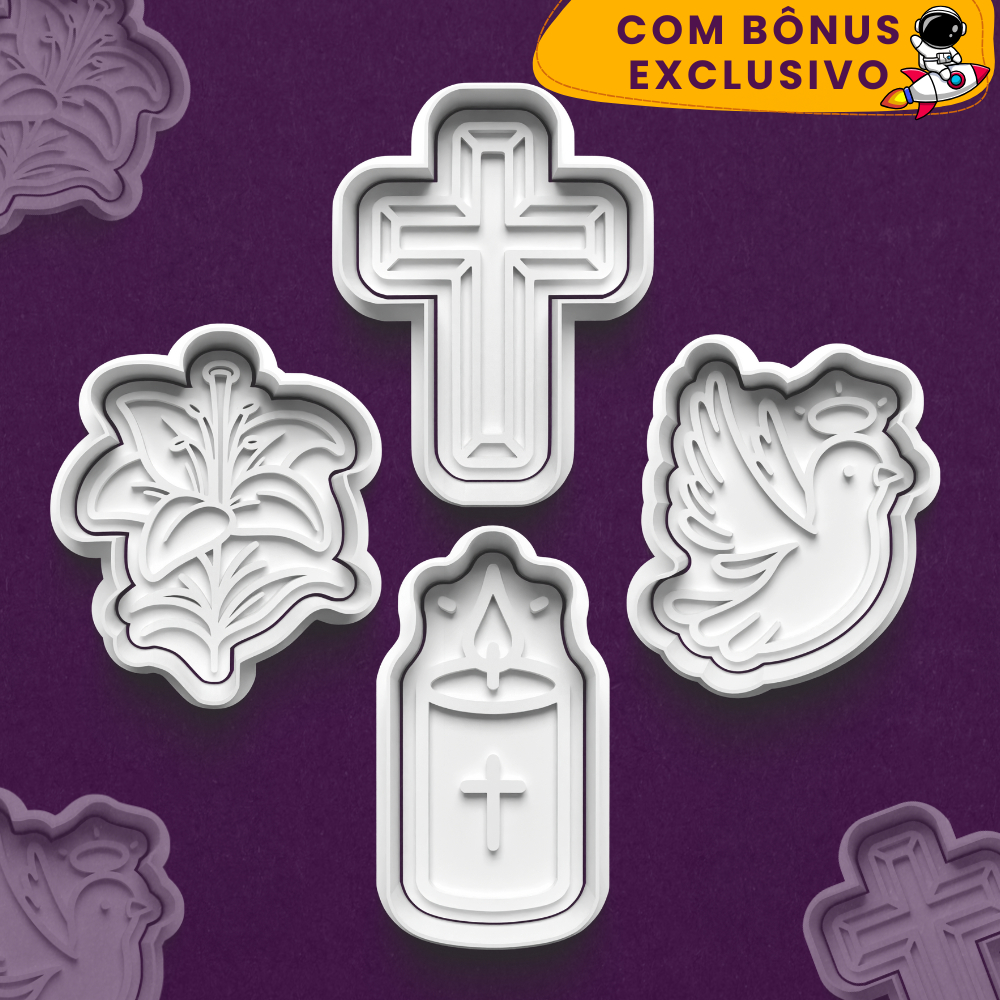 Kit 4 Cortador Marcador Páscoa Cristianismo Cruz Vela Pomba Quaresmeira Biscoito Cookie Decoração