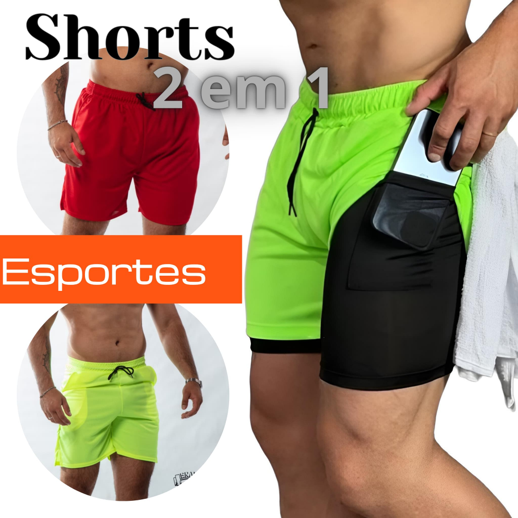 Short 2 em 1 Bermuda Masculina com bolso secreto compressao pra cademia Treino Corrida