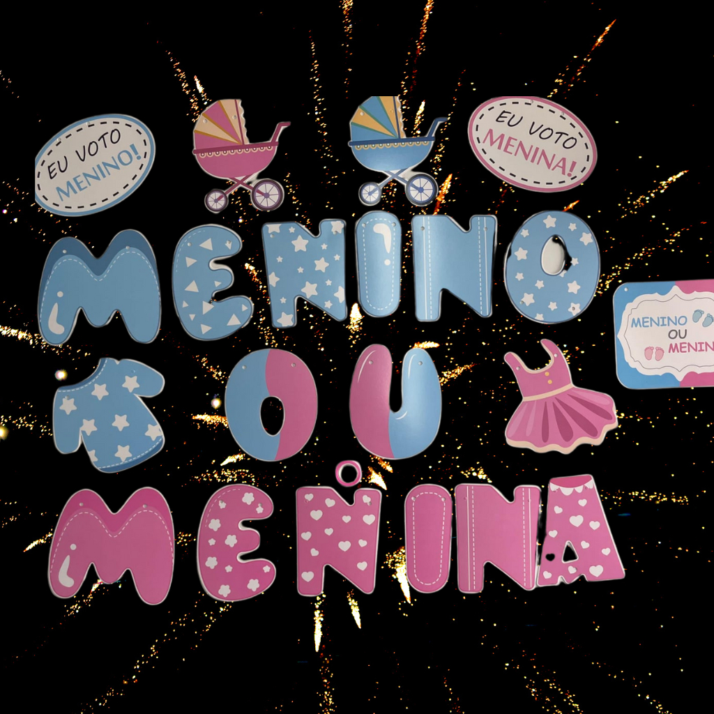 Faixa Festa Chá Revelação - Chá de Bebê - Menino ou Menina - Contem 21 Bandeiras - Cartonado