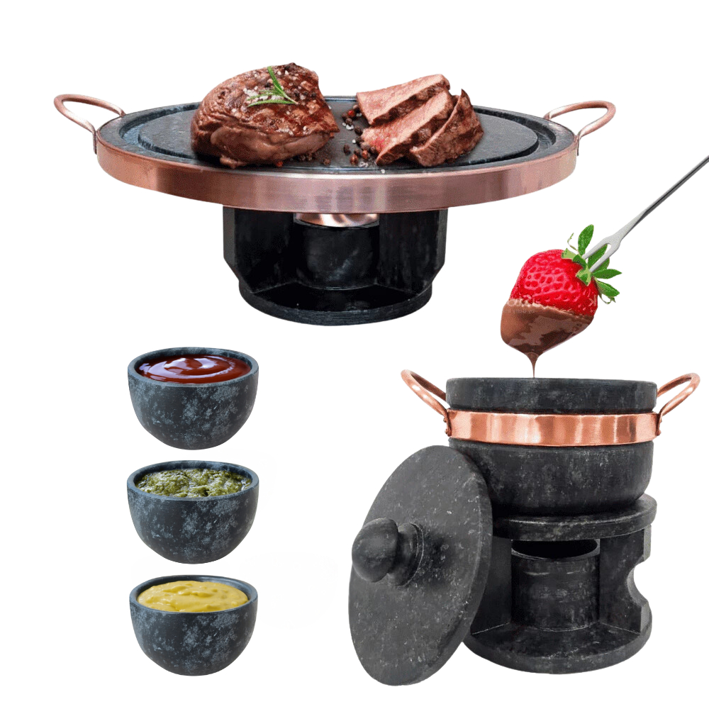 Kit 2 Fondue 1 De Carne 27 Cm E Outro De Queijo 500 Ml C/ 3 Ramekins Molheira