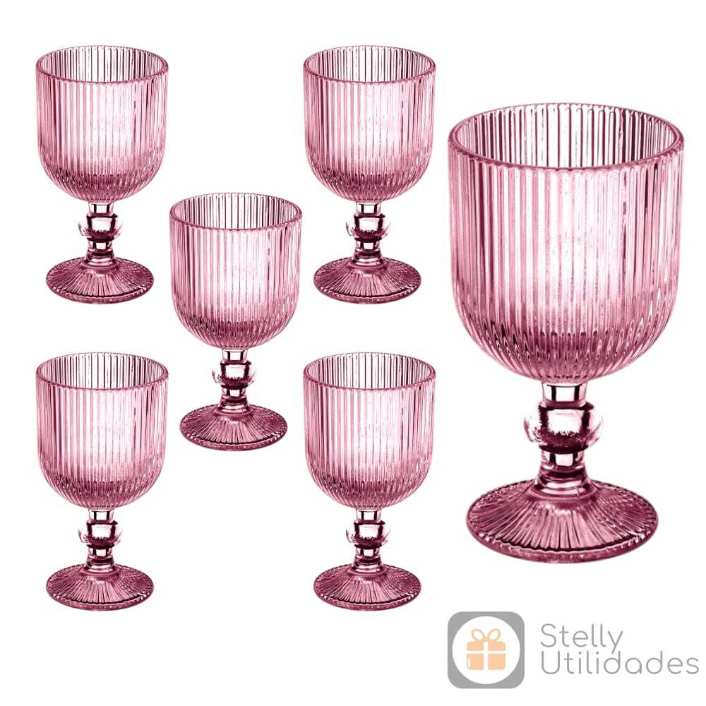 Jogo 6 Taças Vidro Canelado Graffiato Agua Vinho Mesa 380ml Marsala/Rosa