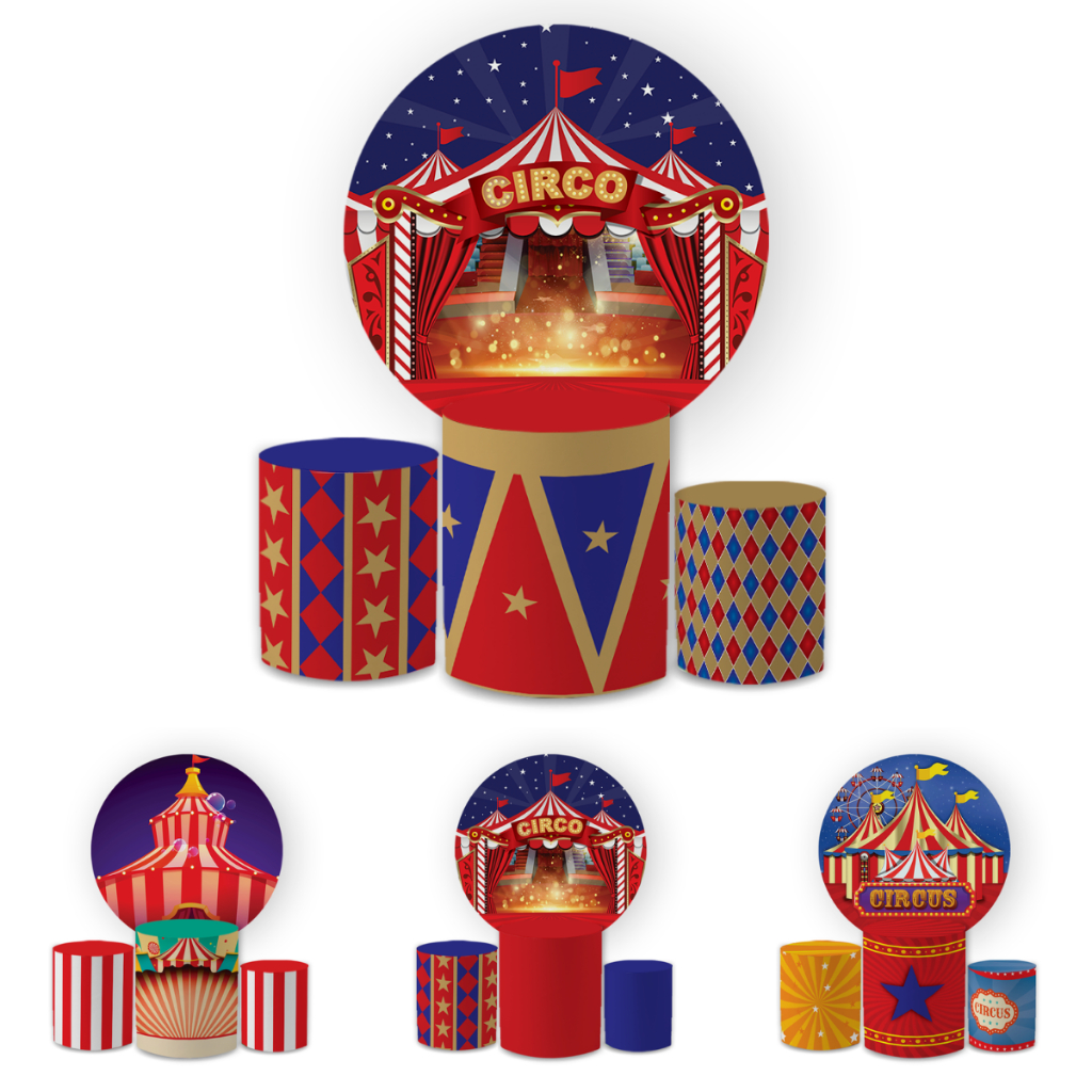 Capa Paineis de Festa Veste Fácil Redondo+ Cilindros Sublimados Malha New Tema Circo Animais Decorativo Bibi Paineis