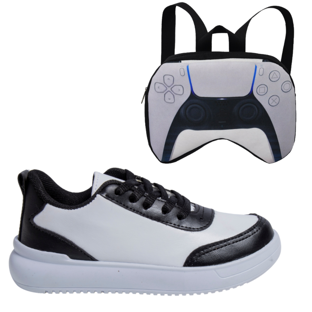 Tênis Infantil Masculino Casual Jogging Nude Preto Branco Colegial Confortável + Mochila Manete