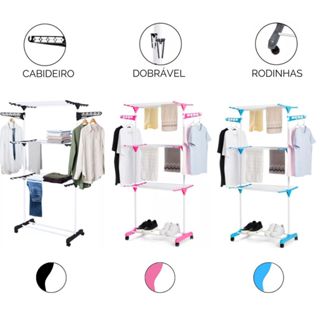 Varal Chão 3 Andares Roupa 4 Rodas Dobrável Reforço