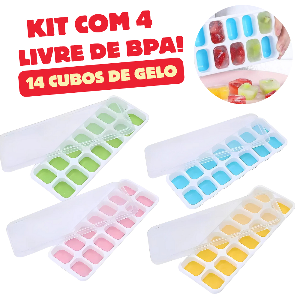 Kit 4 Formas De Gelo Cubo Com Tampa Rígida FLEXÍVELFundo Silicone BPA Free