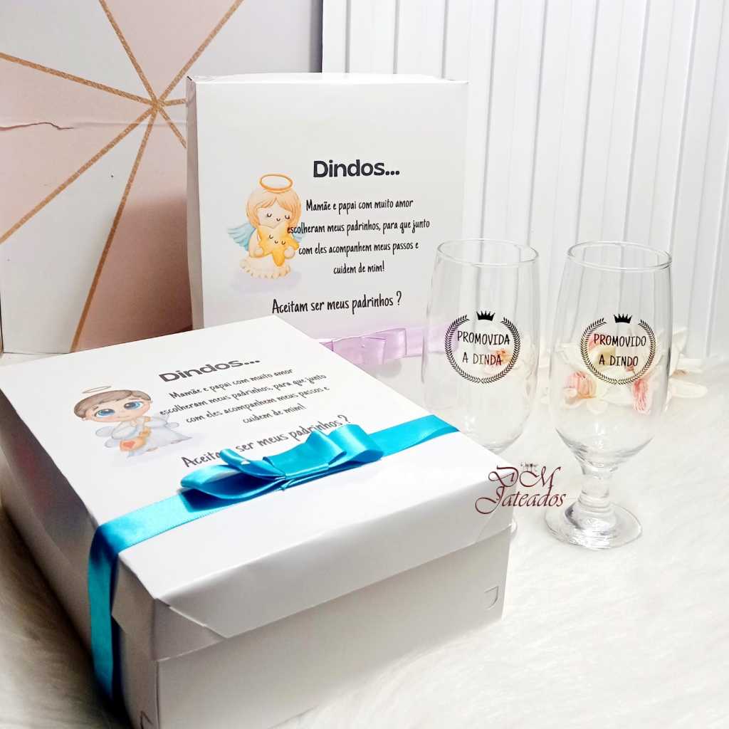 Taças de Cerveja com Caixa Convite Padrinhos Dindos Batismo Batizado Dinda Dindo em Oferta na Shopee