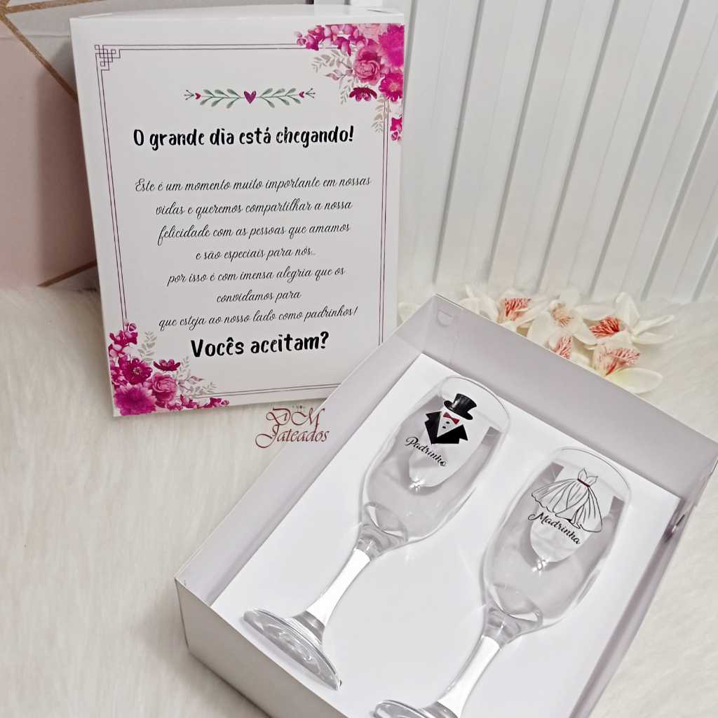 Kit Caixa Convite + Taças Champanhe Padrinhos em Oferta na Shopee