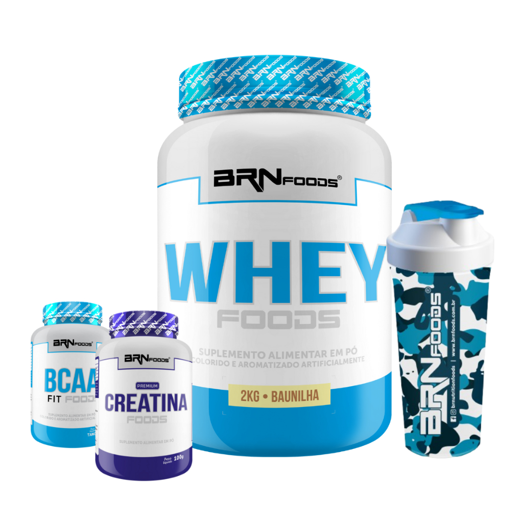 Kit Whey Protein Foods 2kg + Premium Creatina 100g + BCAA Fit 100g + Coqueteleira - BRN FOODS em Oferta na Shopee