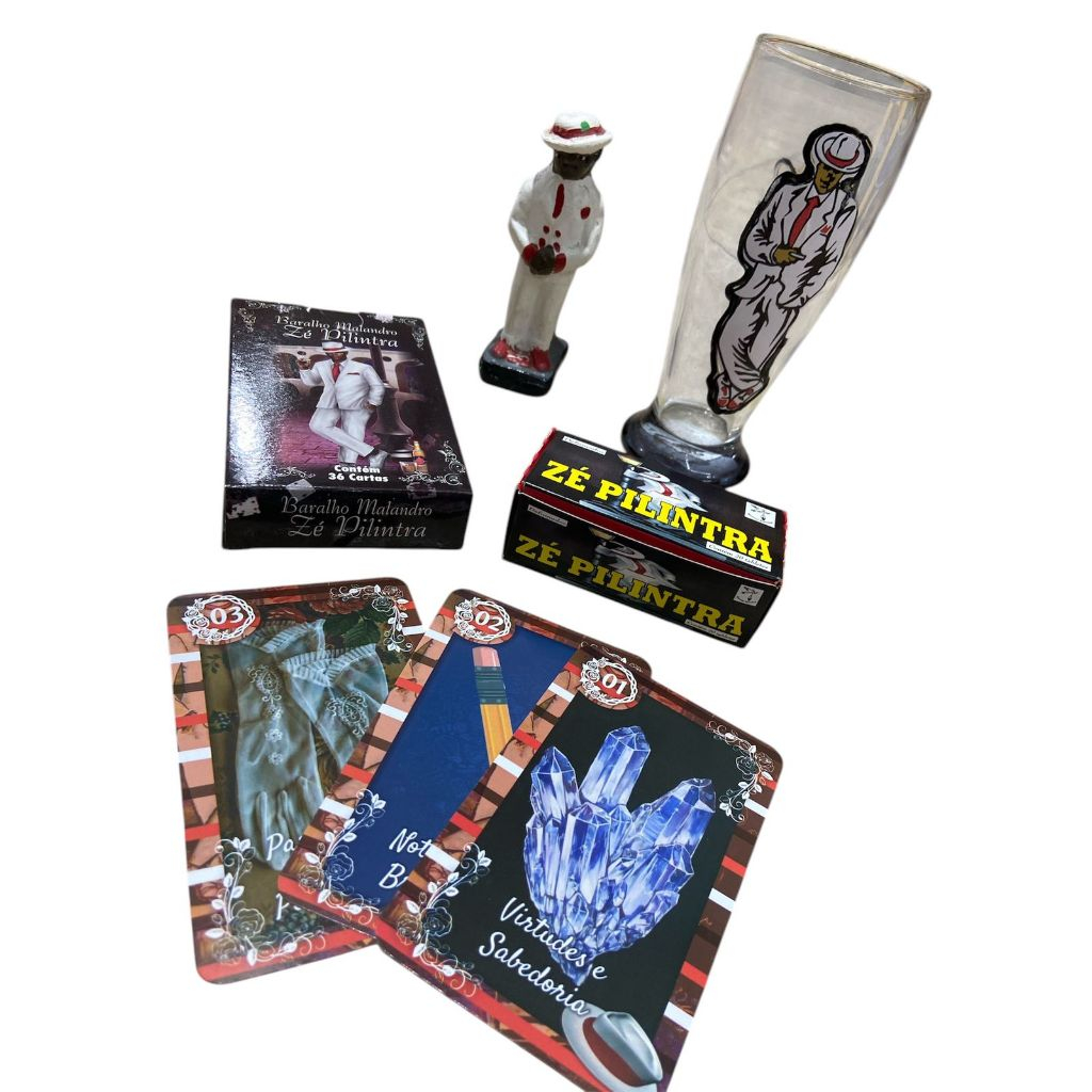 KIT DE LUXO COPO + CARTAS DO ZÉ PILINTRA + IMAGEM EM GESSO UMBANDA/CANDOMBLÉ