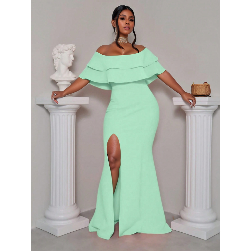 Vestido Longo Com Bojos Decote Babado  Com Fenda Lindo e Barato E Elegante!