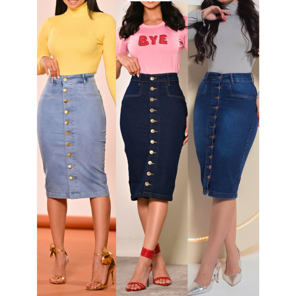 Saia Jeans Midi Com Botões Frontais Dourados Cintura Alta Anagrom 3 Opções de Cores