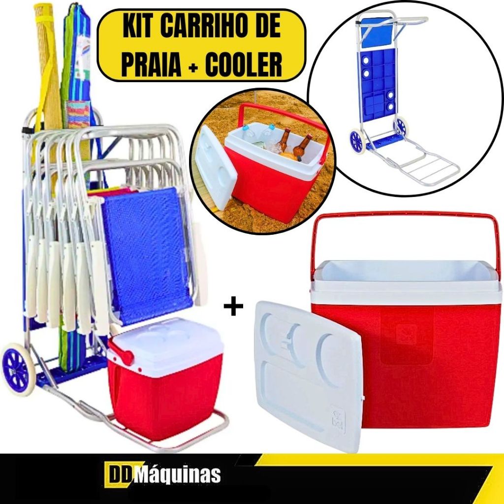 Kit Dia Dos Pais Carrinho Mesa Para Praia Com Bolsa e Avanço Azul + Caixa Térmica 19L Com Suporte Para Copos -Bel - Sports & Outdoors