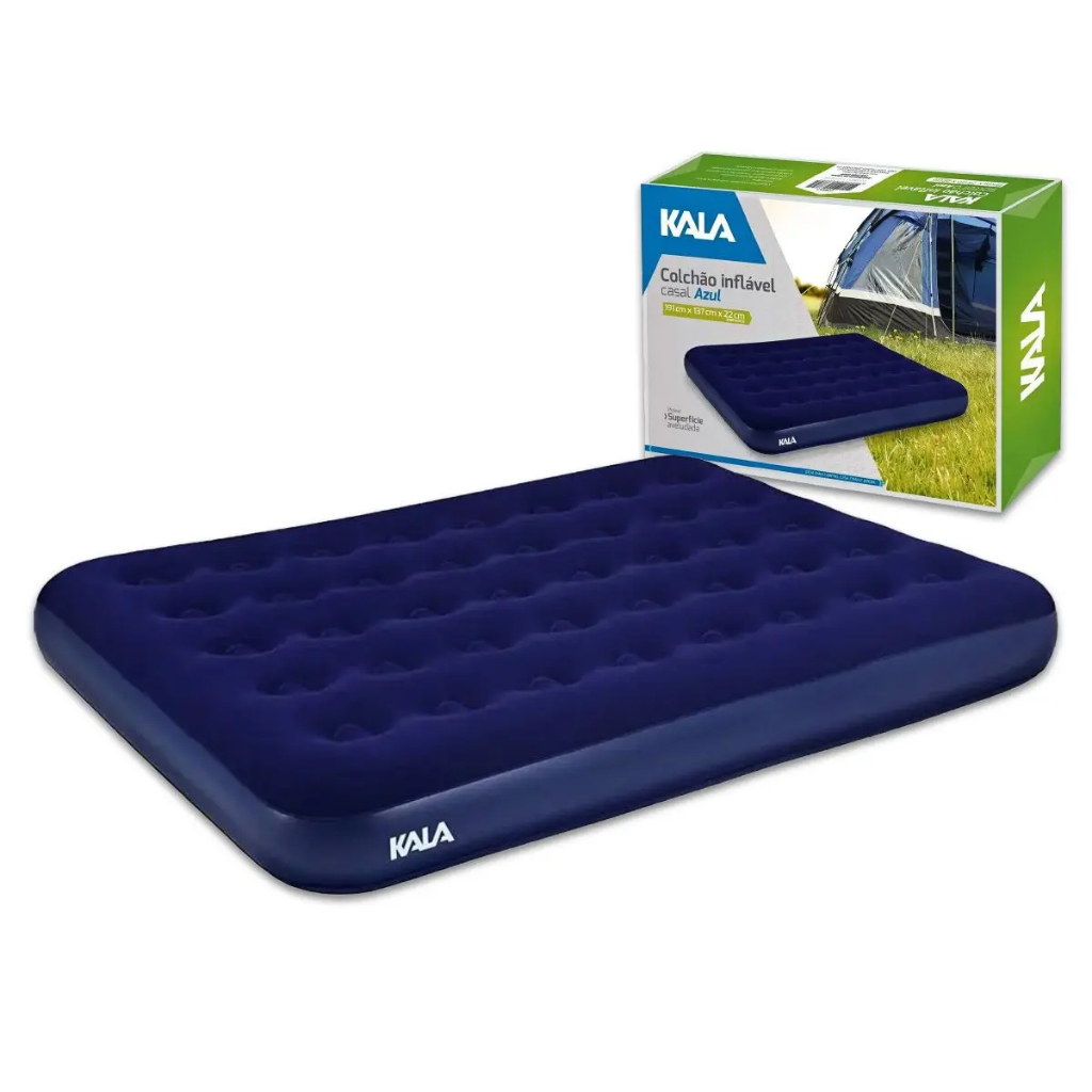 Colchão Inflável Solteiro 185x76x22cm Azul Pratico e Fácil de encher para conforte e descanso 279447 KALA