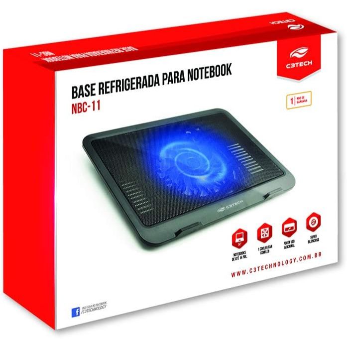 Base Cooler Para Notebook C3Tech NBC-11BK 14' Preto - Refrigerada 140mm com Led Azul Notebooks até 14