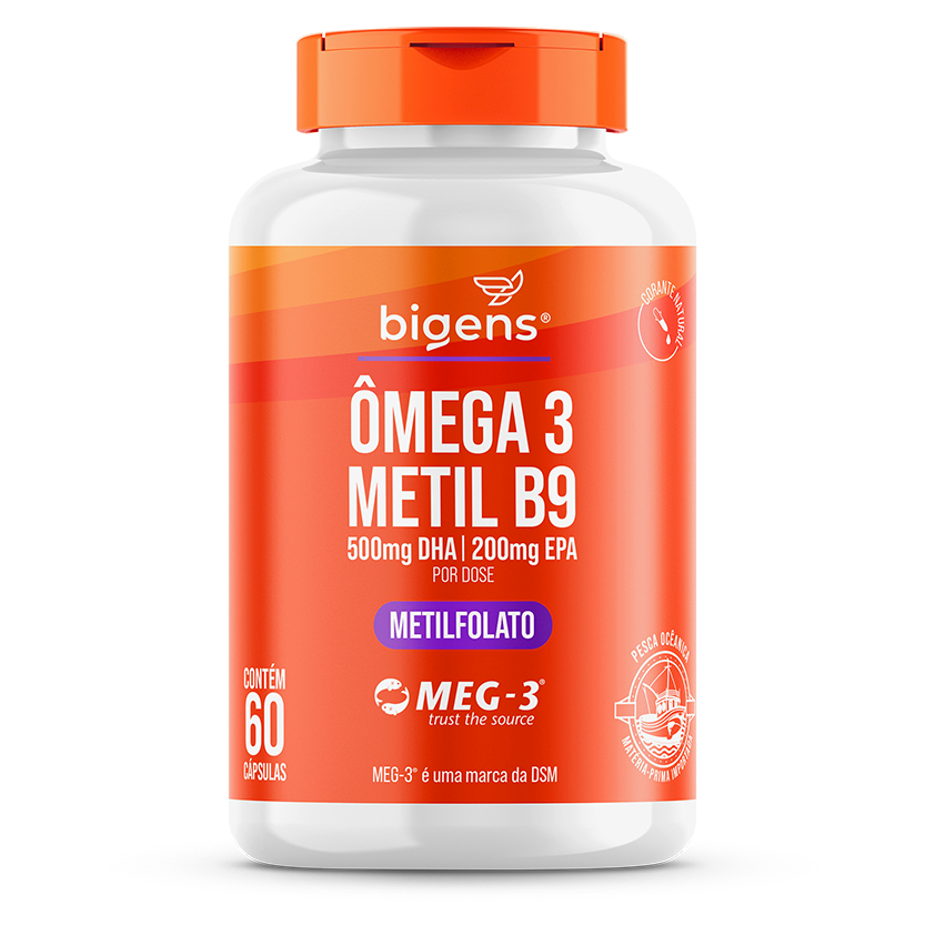 Ômega 3 + Metil B9 (Forma Ativa) - 500mg DHA | 200mg EPA + 604mcg B9 | Meg-3® | 60 Cáps | Bigens em Oferta na Shopee