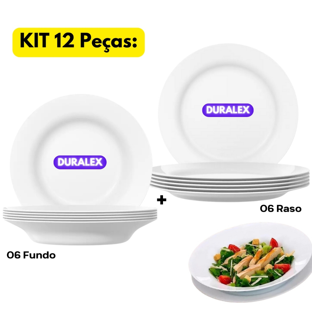 Jogo Kit 06 Pratos Fundo+06 Pratos Raso Menu Branco Vidro Opaline Nadir Figueiredo Jantar Duralex