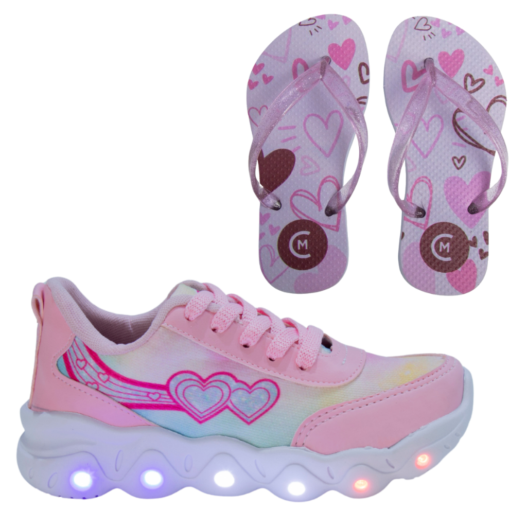 Tênis Infantil Feminino Led Meninas Estrela Coração Rosa Escolar + Chinelo em Oferta na Shopee