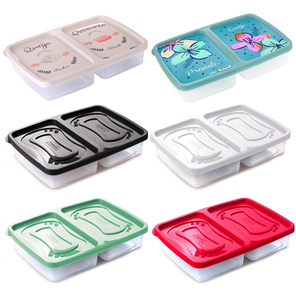 Pote Porta Frios com tampa 2 divisórias presunto mussarela queijo Plasútil vasilha marmita geladeira freezer microondas