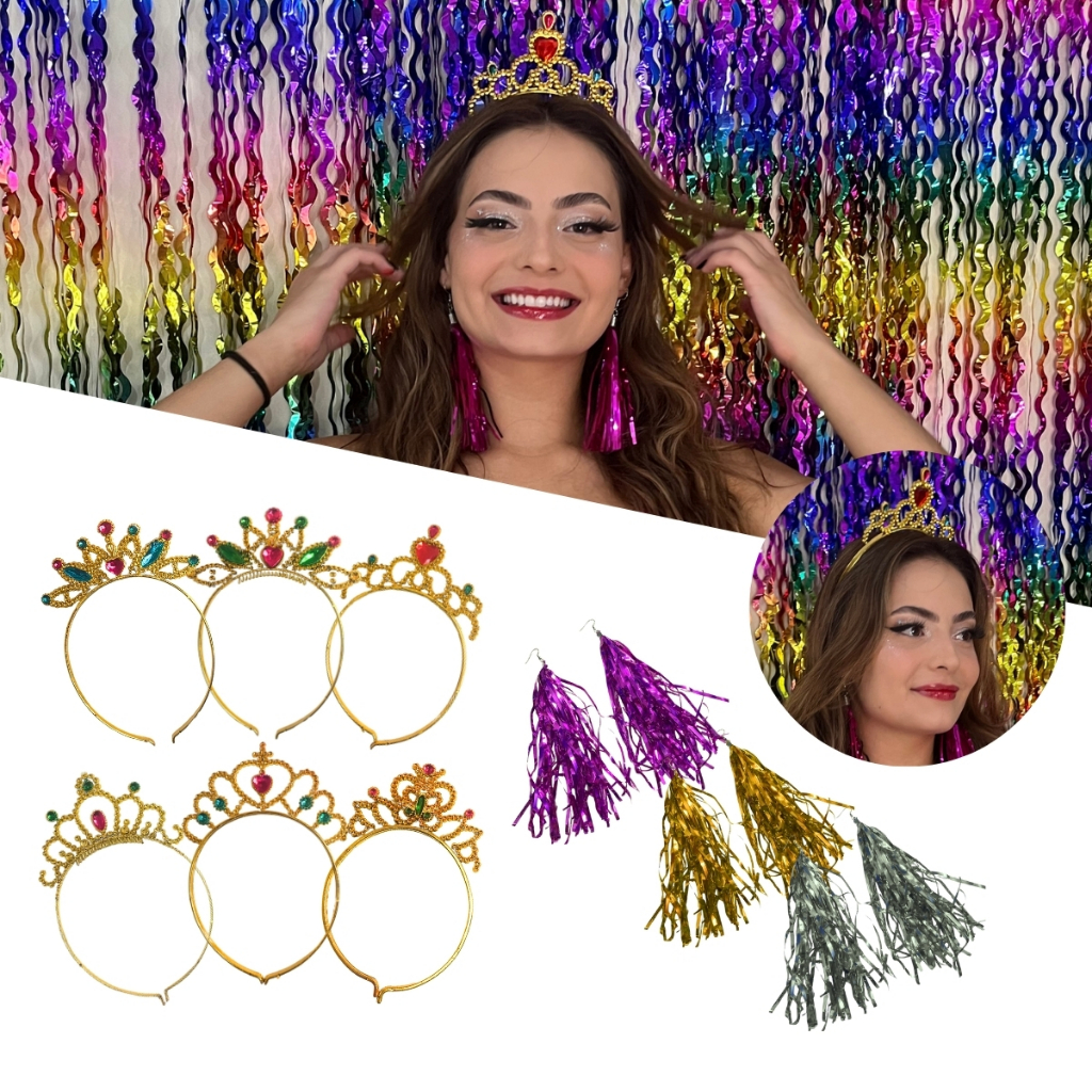Kit Tiara Dourada Coroa Princesa Brinco Fita Metalizadas Fantasia Festa Carnaval Várias Cores