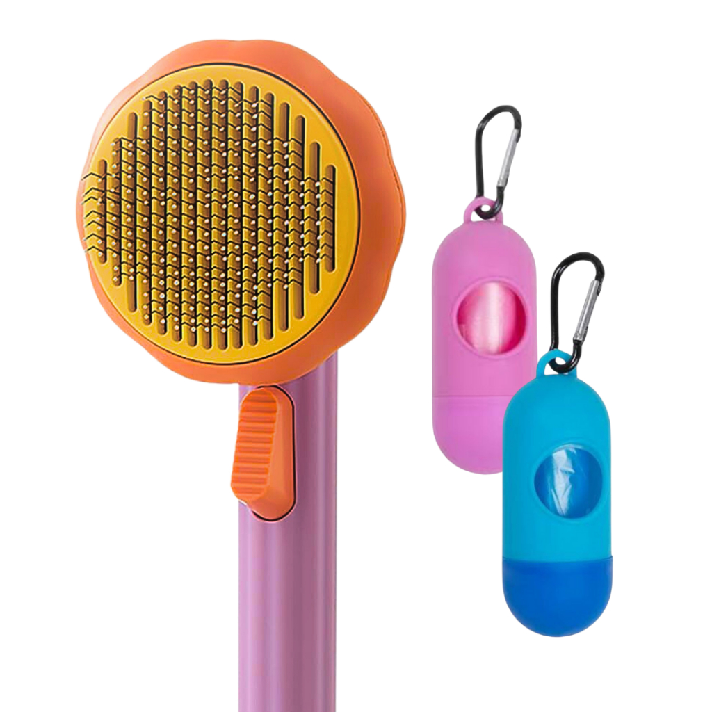 Kit 2 Escova de Pelo e Suporte Cata Caca com Refil Incluso Cata Caca Pet Passeio 40 Sacos Plasticos